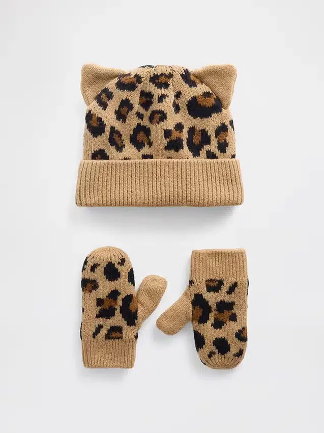 CashSoft-set med leopardmönstrad mössa och vantar för Baby & Småbarn