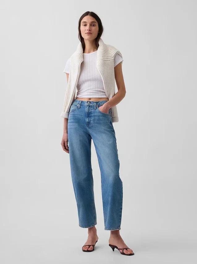 Crop-jeans med hög midja och vid ben
