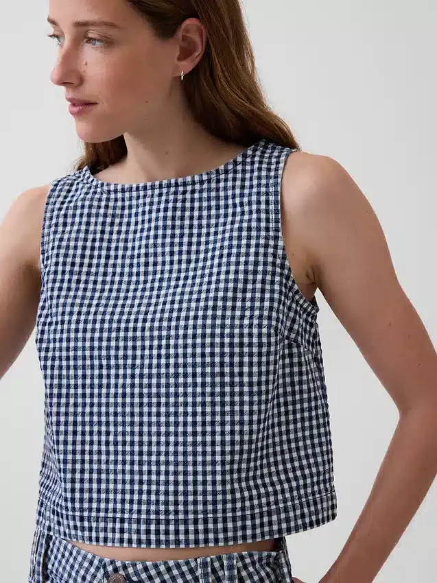 Crop-tanktop i gingham-denim
