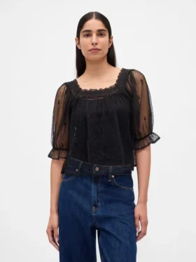 Genomskinlig broderad topp i tyll