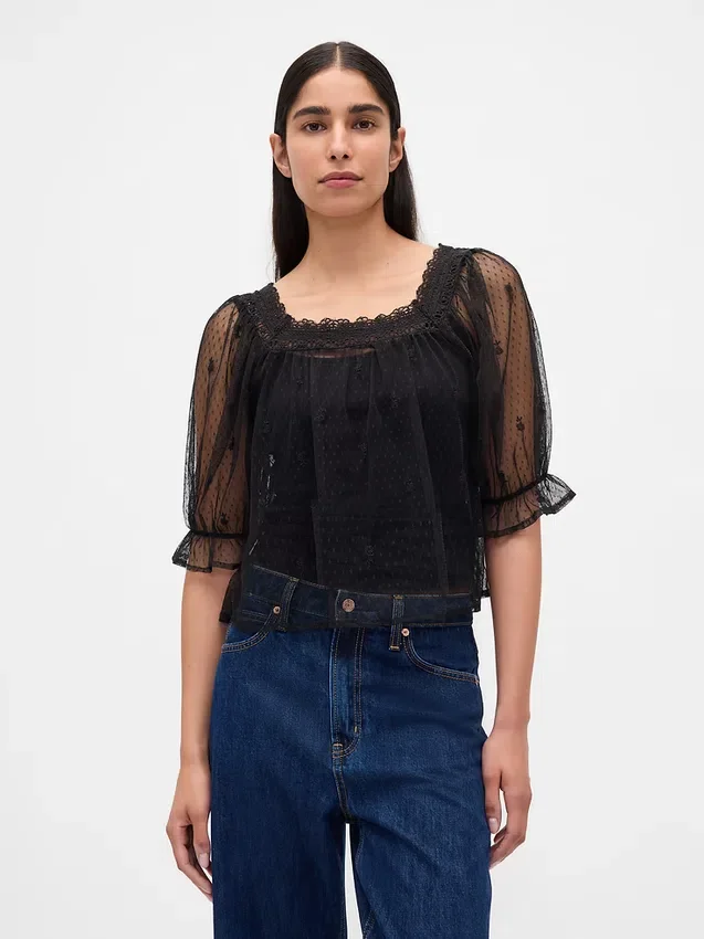 Genomskinlig broderad topp i tyll