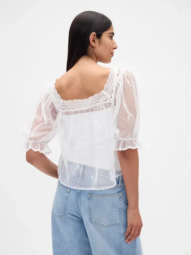 Genomskinlig broderad topp i tyll