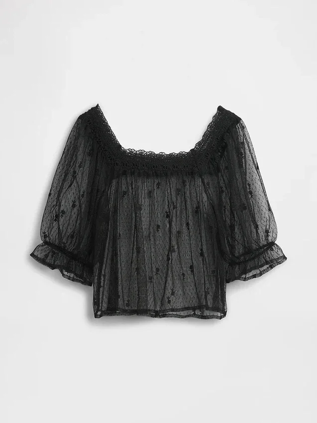 Genomskinlig broderad topp i tyll