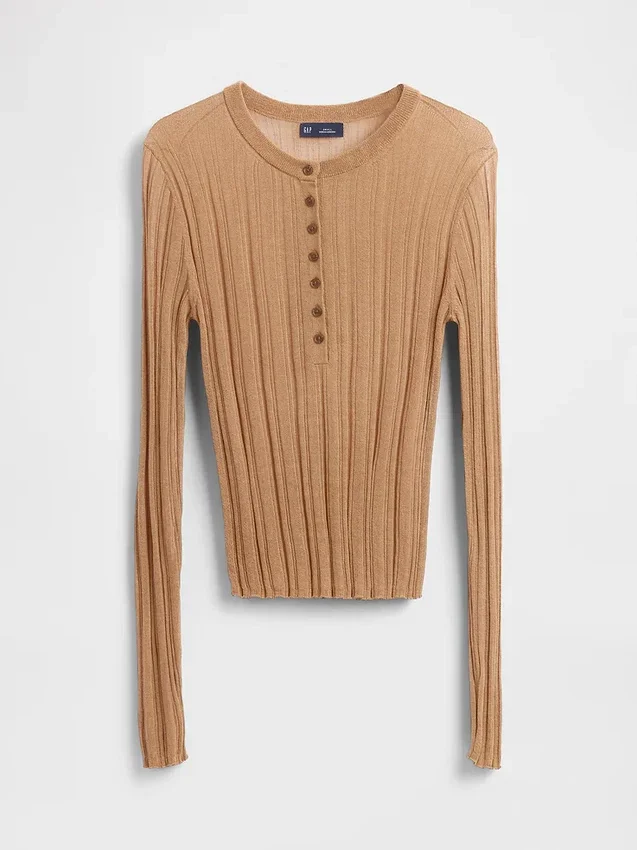 Genomskinlig ribbad Henley-tröja