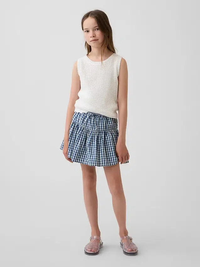 Gingham-denimskort med volanger för barn