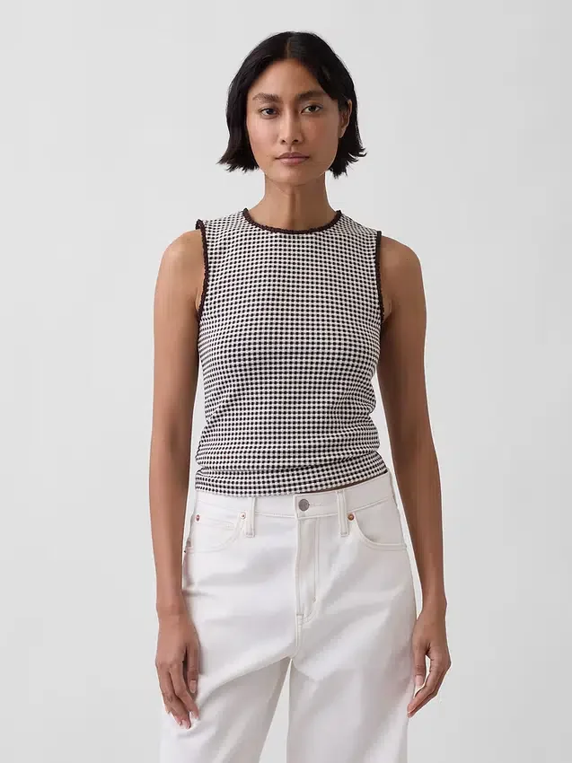 Gingham-mönstrad Pointelle-linne