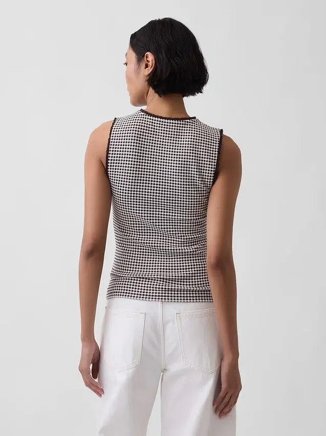Gingham-mönstrad Pointelle-linne