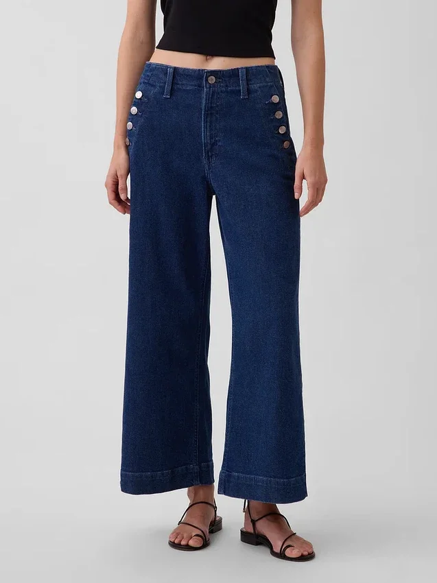 Hög midja, vid ben och ankellånga sjömansjeans