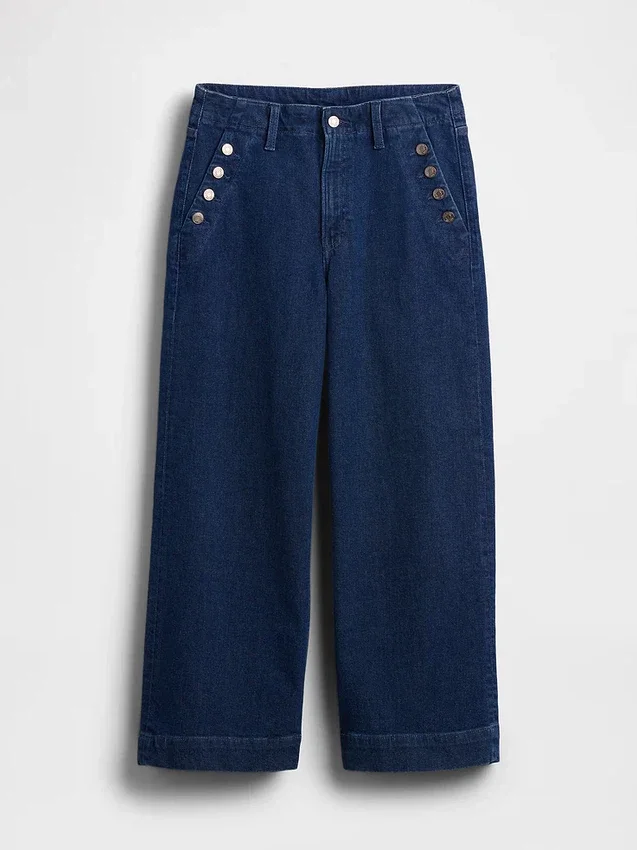 Hög midja, vid ben och ankellånga sjömansjeans