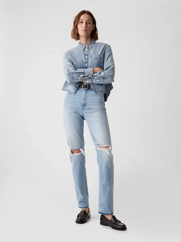 Högmidjade, raka jeans med låg framdel