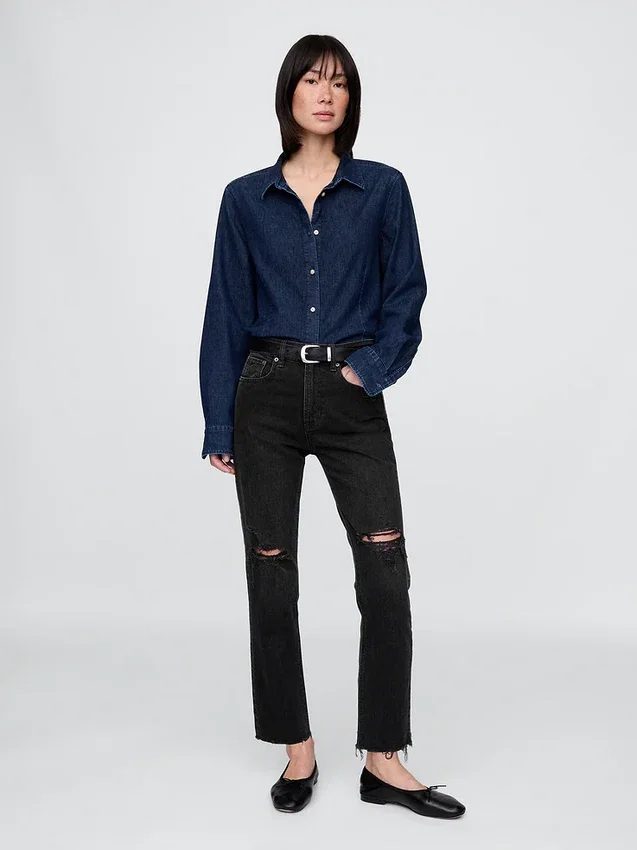 Högmidjade, raka jeans med låg framdel