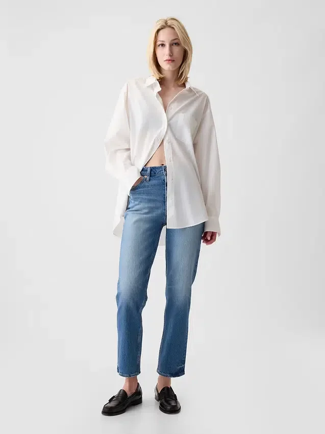 Högmidjade, raka jeans med låg framdel