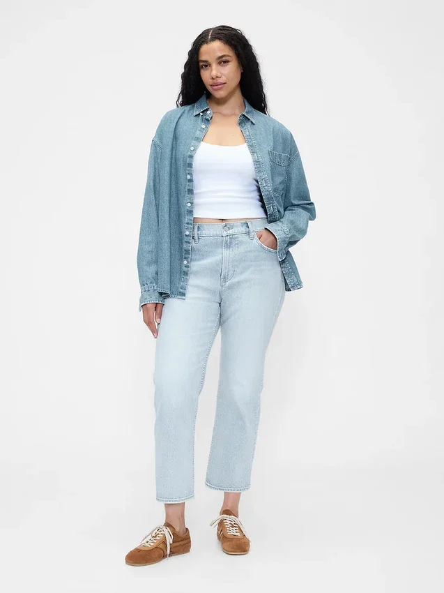 Högmidjade, smala, raka cropped-Jeans i 90-talsstil
