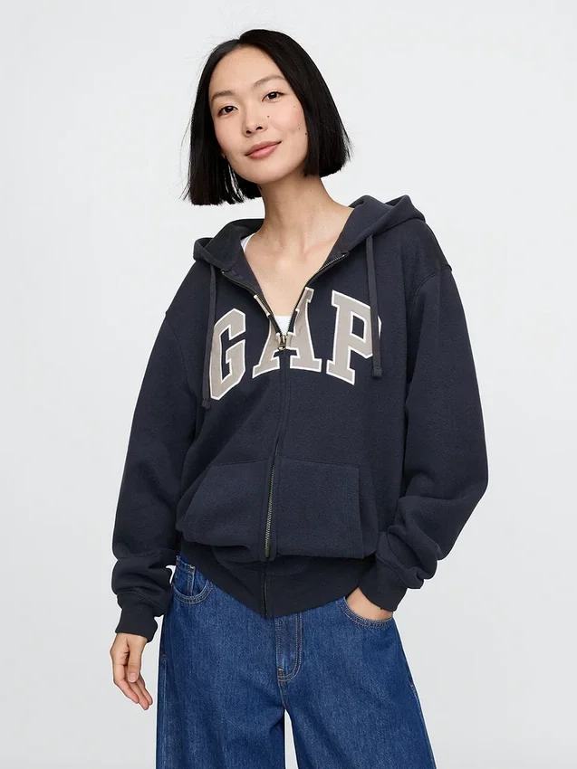 Hoodie med dragkedja och Vintagesoft Arch Logo för vuxna