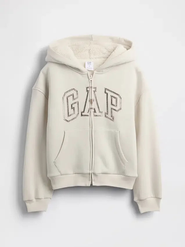 Huvtröja för barn med sherpa-foder och grafiskt logo-tryck