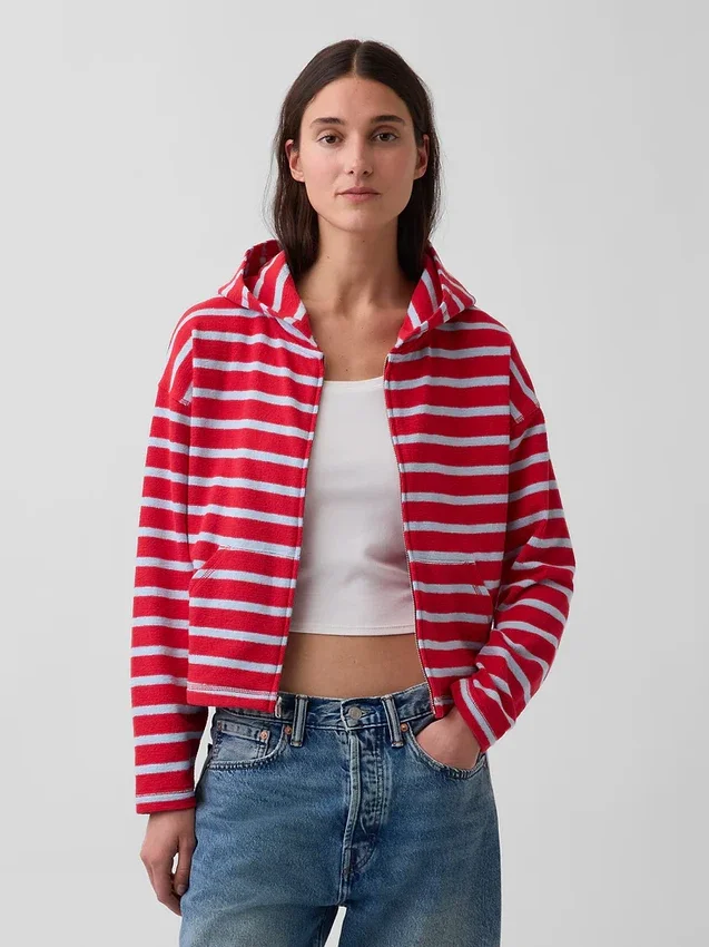 Huvtröja i frotté med överdimensionerad randig design och dragkedja