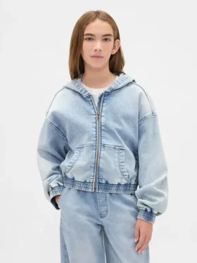 Huvtröja i stickad denim med dragkedja för barn