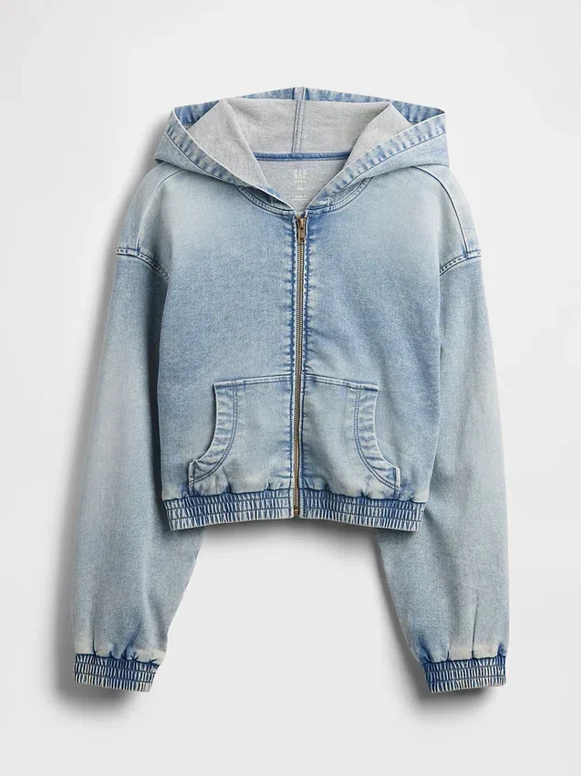 Huvtröja i stickad denim med dragkedja för barn