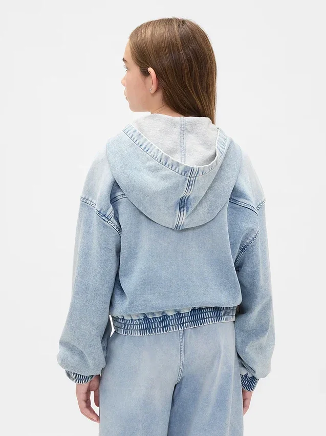 Huvtröja i stickad denim med dragkedja för barn