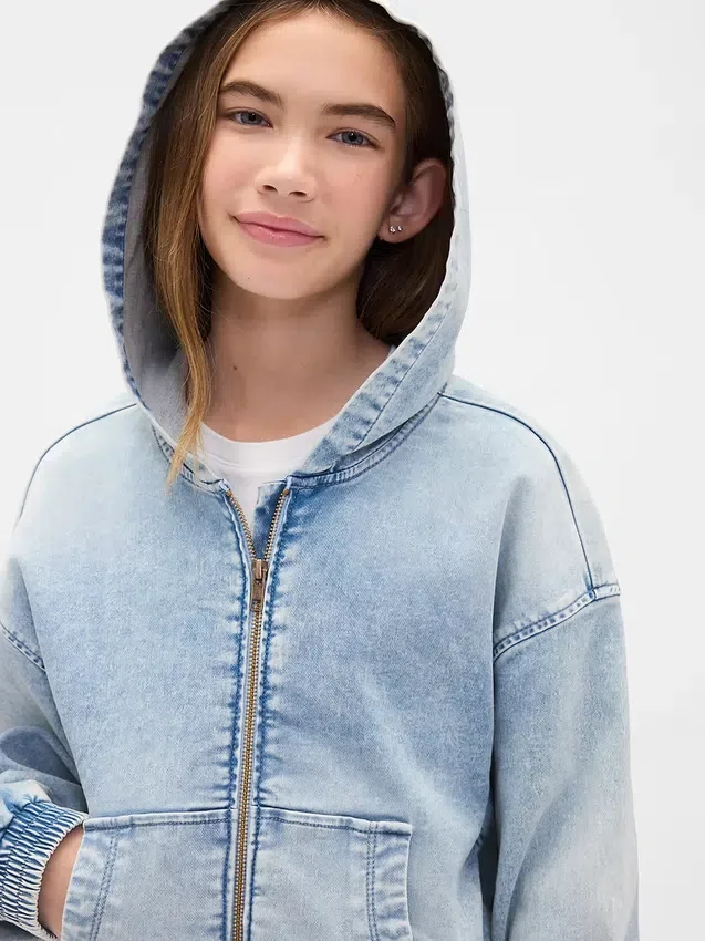 Huvtröja i stickad denim med dragkedja för barn