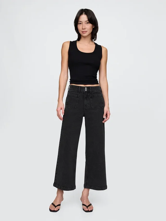 Jeans med hög midja, vid ben och ankellängd
