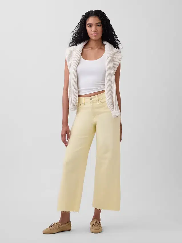 Jeans med hög midja, vid ben och ankellängd