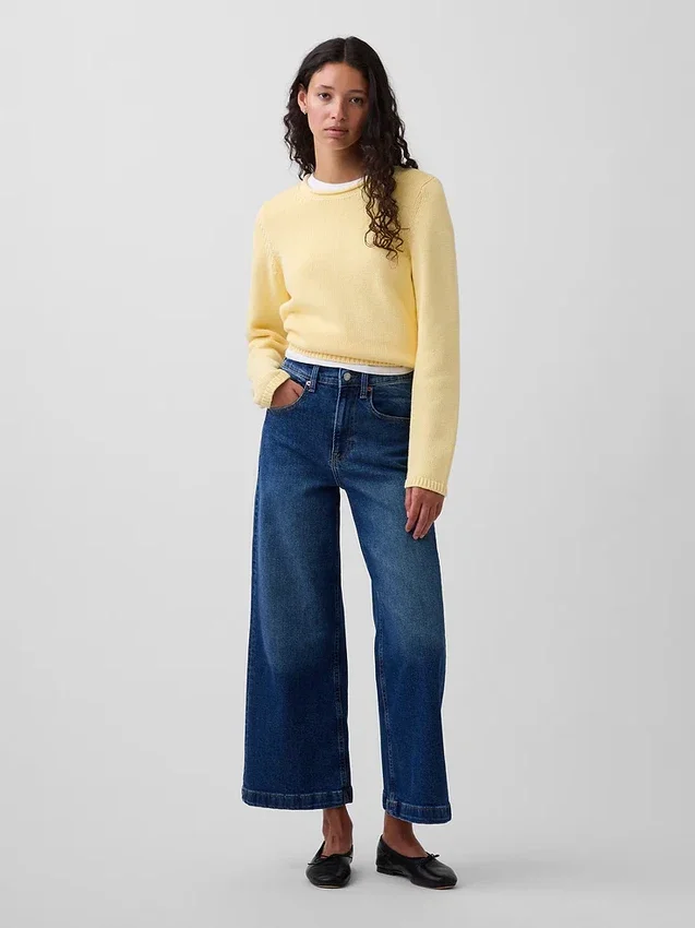 Jeans med hög midja, vid ben och ankellängd