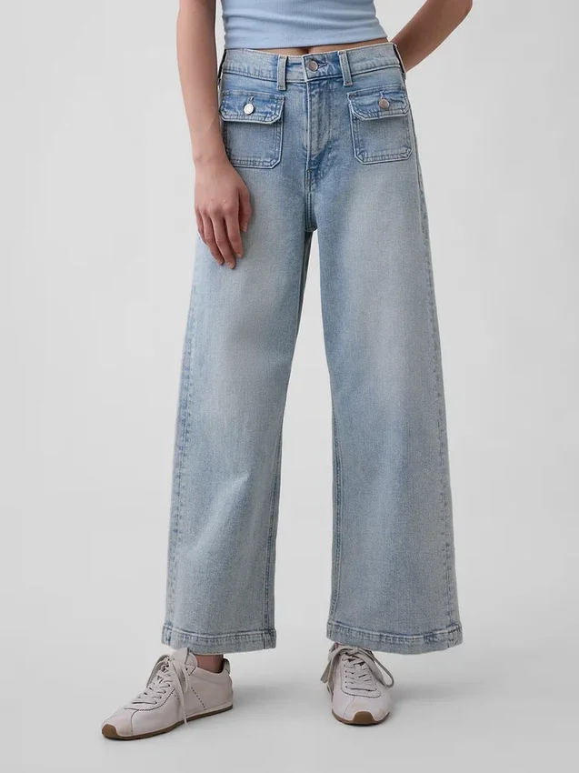 Jeans med hög midja, vid ben och ankellängd