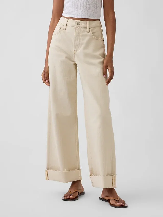 Jeans med hög midja, vid ben och ankellängd