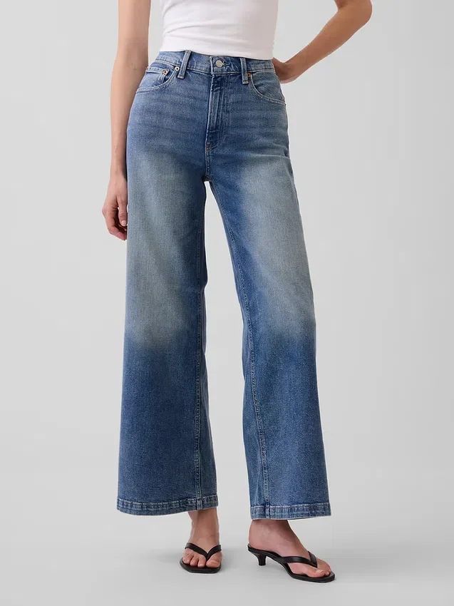 Jeans med hög midja, vid ben och ankellängd