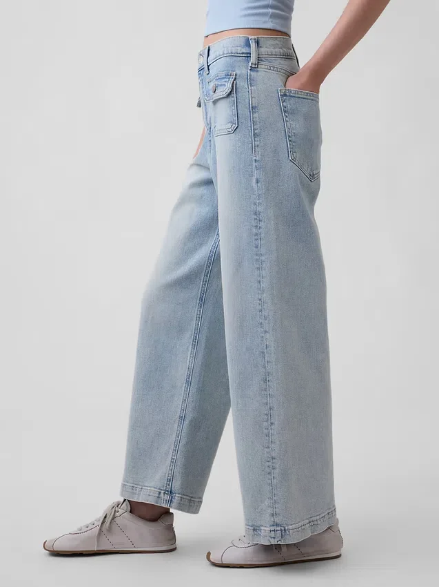 Jeans med hög midja, vid ben och ankellängd