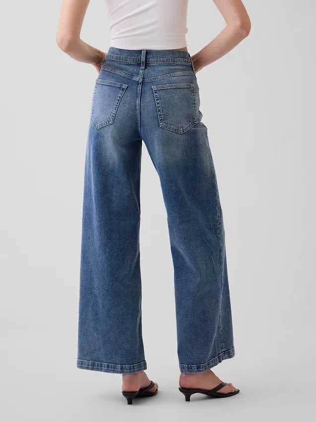 Jeans med hög midja, vid ben och ankellängd