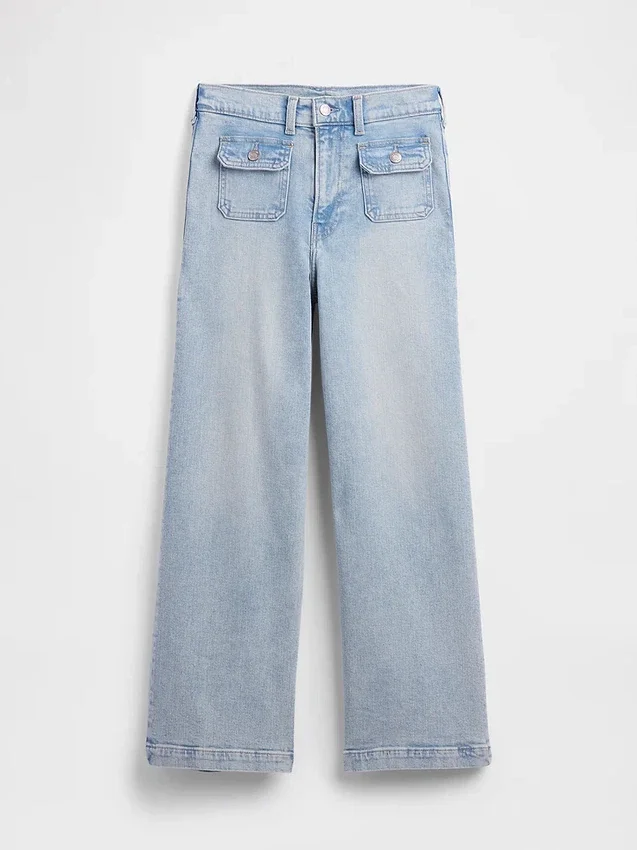 Jeans med hög midja, vid ben och ankellängd