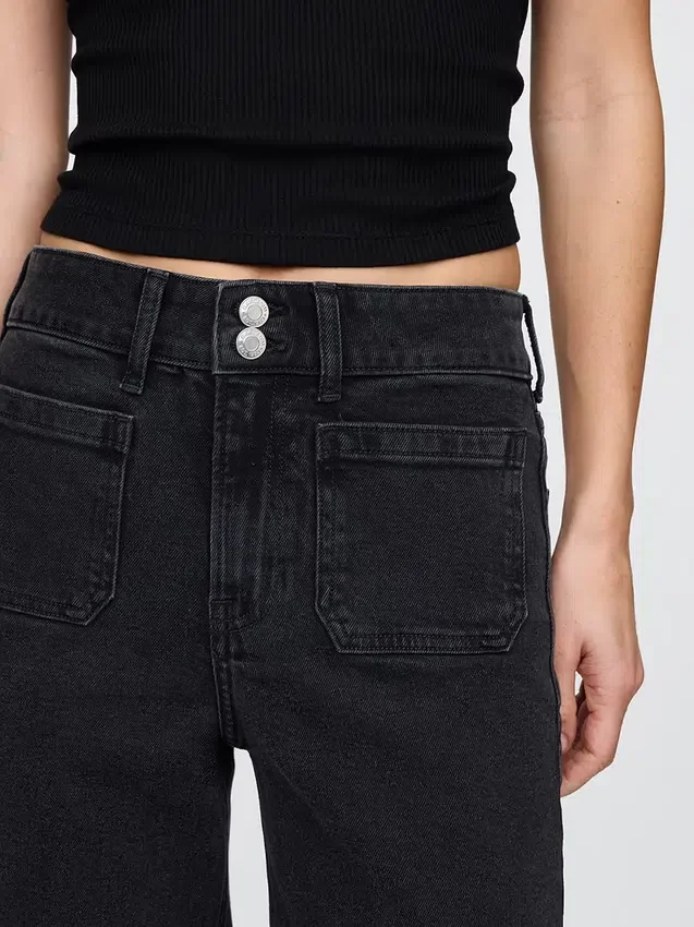 Jeans med hög midja, vid ben och ankellängd