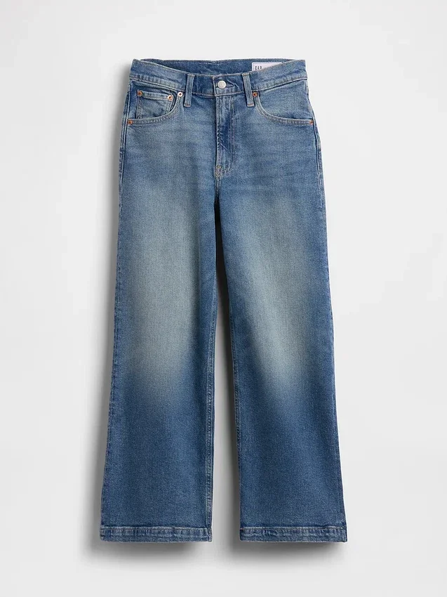 Jeans med hög midja, vid ben och ankellängd