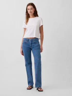 Jeans med medelhög midja, broderade och avslappnad rak passform