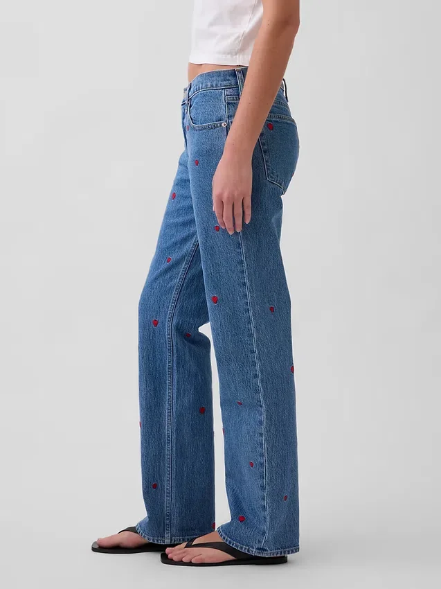Jeans med medelhög midja, broderade och avslappnad rak passform