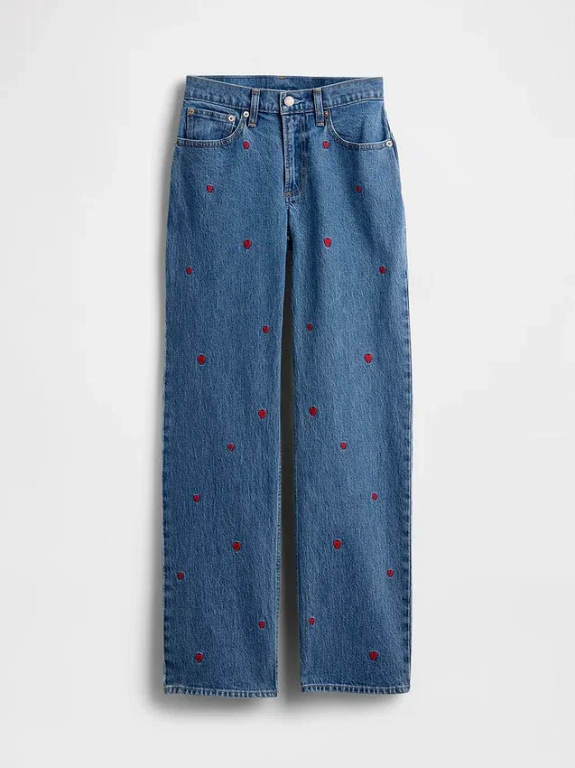 Jeans med medelhög midja, broderade och avslappnad rak passform