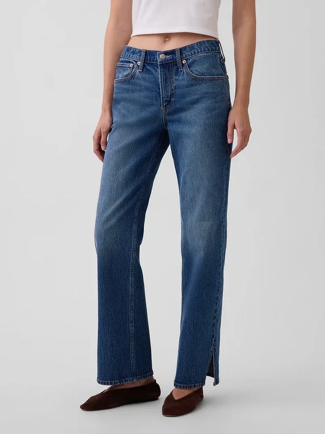 Jeans med medelhög midja, delad fåll och avslappnad rak passform