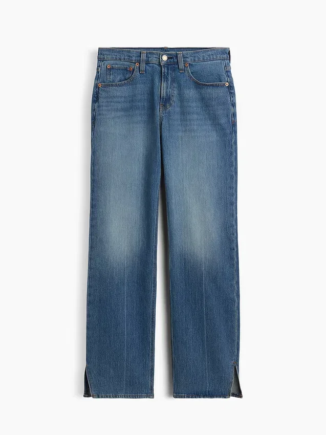 Jeans med medelhög midja, delad fåll och avslappnad rak passform