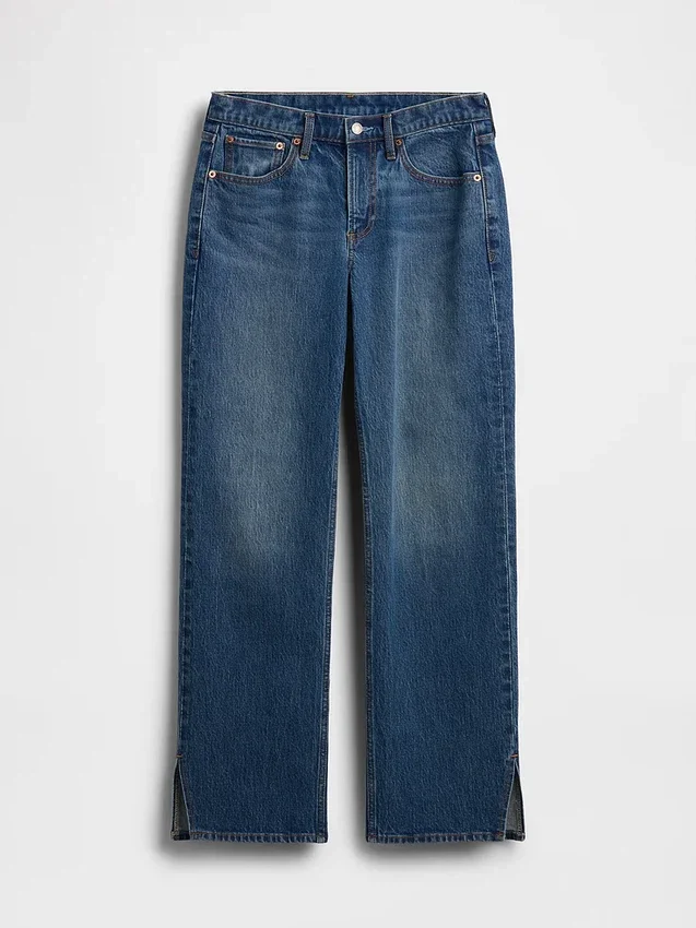 Jeans med medelhög midja, delad fåll och avslappnad rak passform