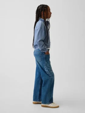 Kids Low Rise Stride Embroidered Floral Wide-Leg Jeans