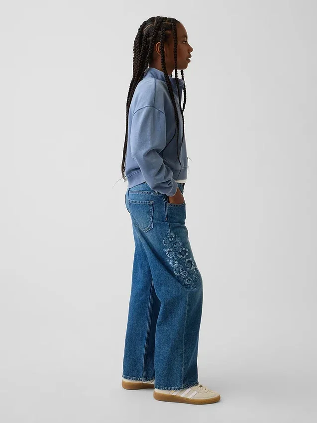Kids Low Rise Stride Embroidered Floral Wide-Leg Jeans