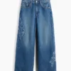 Kids Low Rise Stride Embroidered Floral Wide-Leg Jeans