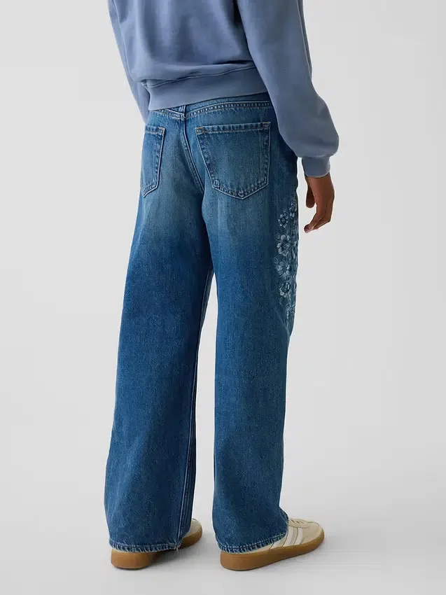 Kids Low Rise Stride Embroidered Floral Wide-Leg Jeans