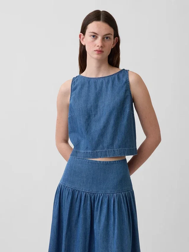 Kort denim-linne-toppar