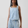 Kort denim-linne-toppar