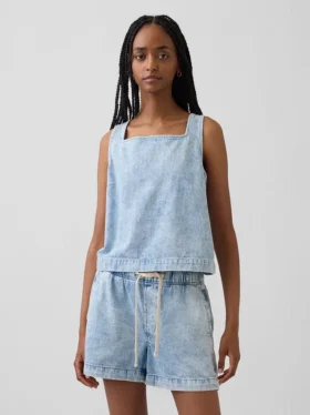 Kort denim-linne-toppar