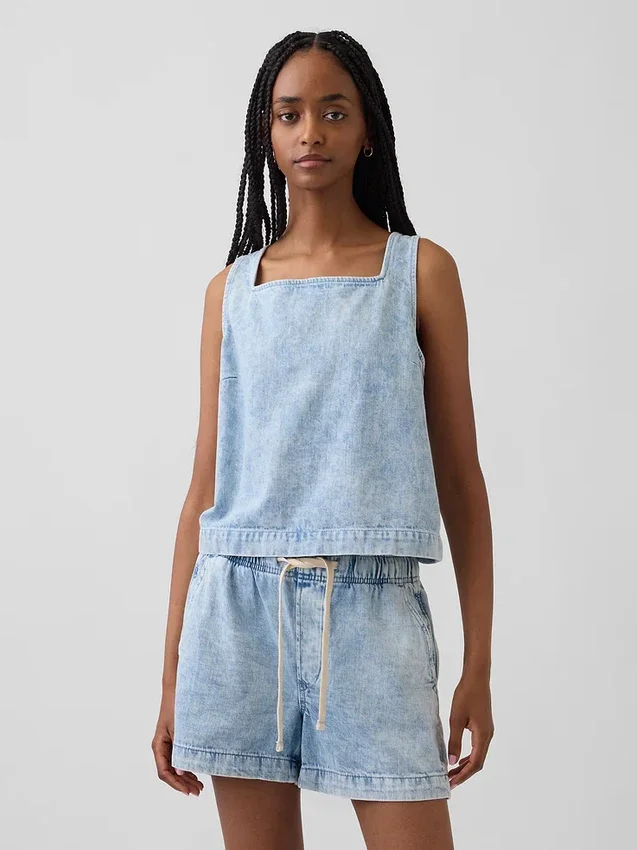 Kort denim-linne-toppar