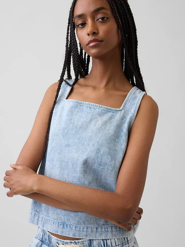 Kort denim-linne-toppar